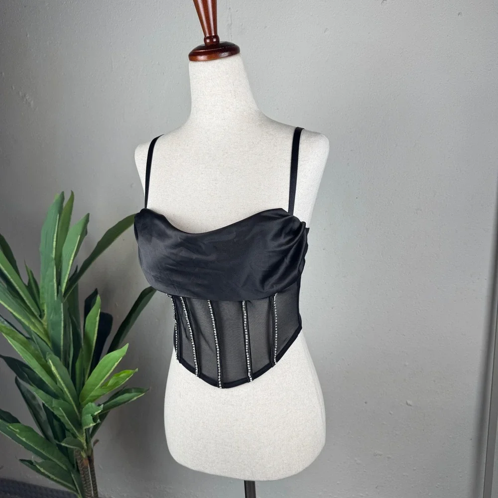 Girly Grunge Festival Black Cropped Rhinestone Windsor Corset Top Women S NWT
